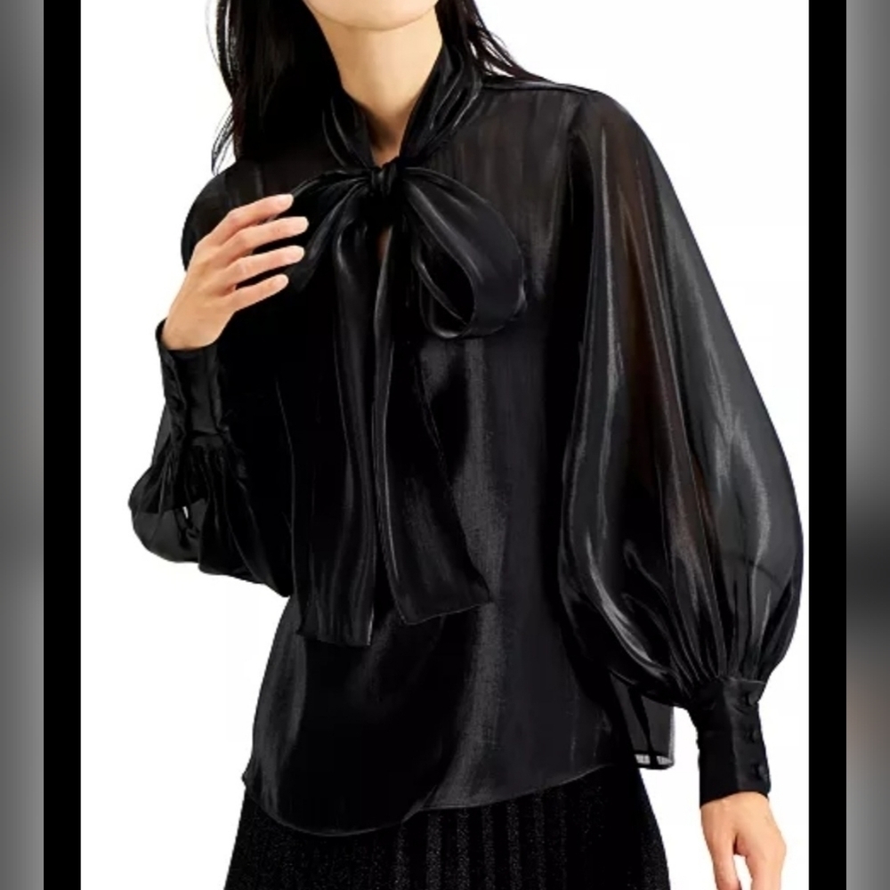 Alfani Emerald Safari Deep Black Balloon Long Sleeve Tie Neck Blouse